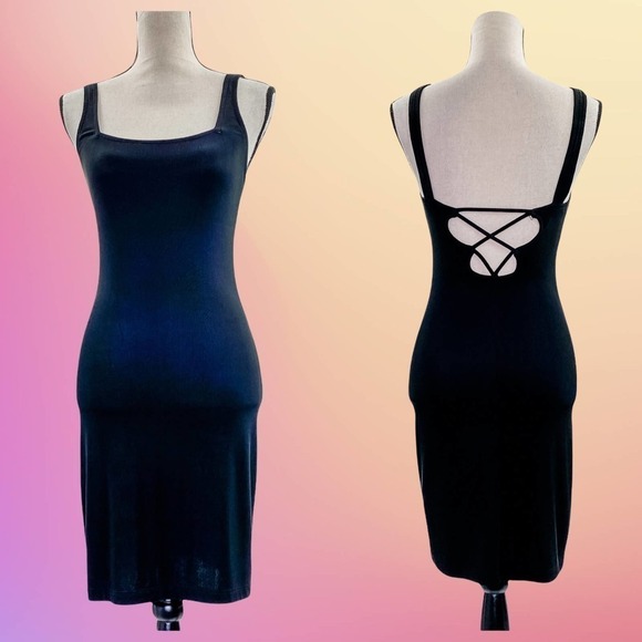 CARABELLA Collection Solid Black Sleeveless Strappy Back Mini Bodycon Dress - Picture 13 of 14